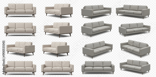 Set of modern beige fabric sofas from various angles, isolated on a transparent background for interior design projects.