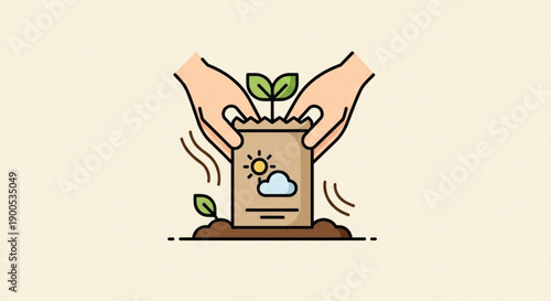 Hands nurturing a green plant growing from eco friendly paper bag with sun and cloud design on beige background