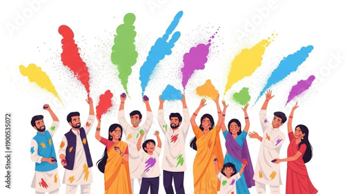 Diverse group of people celebrating holi festival with colorful powder