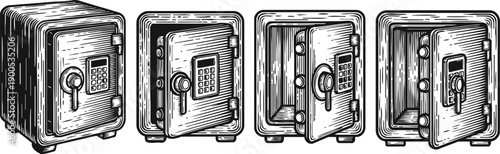set of vintage safe boxes with combination locks and keys in various open and closed positions