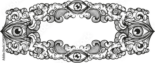 Ornate decorative frame with mystical eyes and intricate swirling patterns in black and white