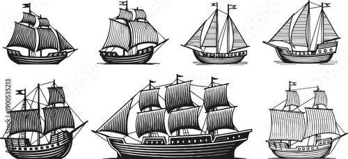vintage sailing ship illustrations set classic tall ships with sails, masts, and flags nautical maritime vessels collection