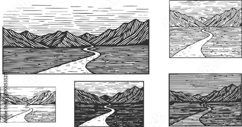 Winding road through mountainous landscape, detailed hand drawn black and white nature scene