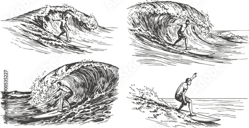 Surfer riding large ocean waves four dynamic black and white illustrations of surfing action and skill
