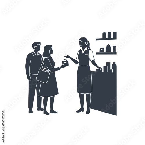 Retail customer service interaction with a sales associate assisting a couple at a store counter