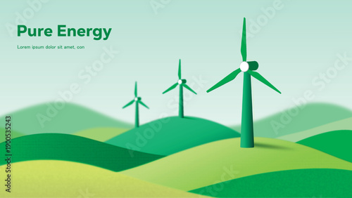 Pure energy concept illustration with wind turbines on green rolling hills in a clean sustainable landscape