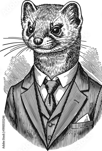 Illustration of a weasel dressed in a vintage three piece suit with a tie and pocket square