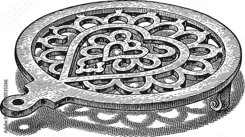 Vintage heart shaped waffle iron with intricate pattern and handle, engraved illustration