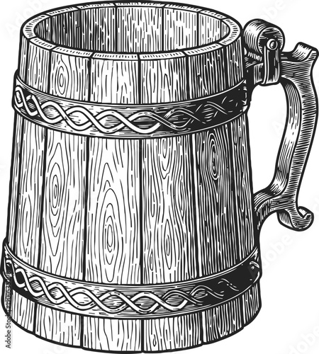 Vintage wooden beer mug with ornamental metal bands and carved handle illustration