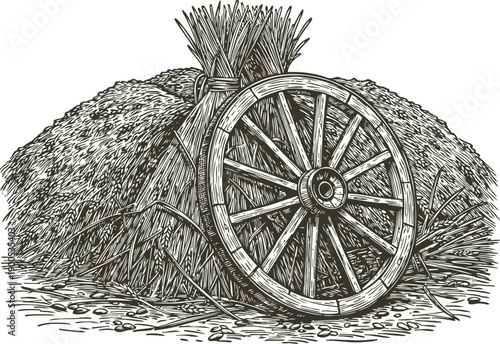 Rustic wooden cart wheel leaning on a haystack with tied bundle of wheat, countryside harvest concept