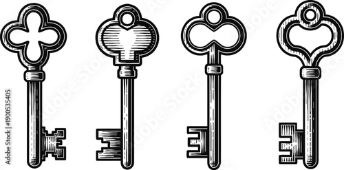 Vintage keys set antique ornate metal skeleton keys collection with intricate bow designs in black and white engraving