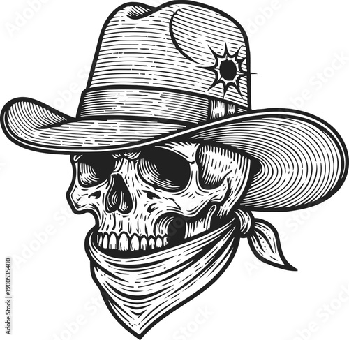 Cowboy skull wearing bandana and wide brim hat with sheriff star badge