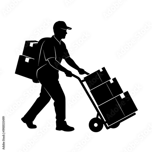 Silhouette of a delivery worker moving packages with a hand truck, symbolizing efficient logistics and transport
