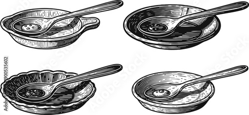 Vintage wooden spoons resting in round bowls with different edge patterns, illustrated in black and white