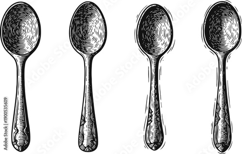 set of four vintage engraved spoons with different ornate handle designs