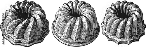 Vintage hand drawn bundt cake illustrations traditional dessert shapes with detailed texture and shading