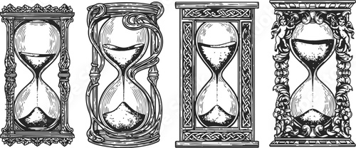 vintage hourglass collection with ornate frames, sand timers measuring time passing in classic
