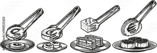hand holding fork with different desserts on plates cookies, cake, pastries, sweet treats variety