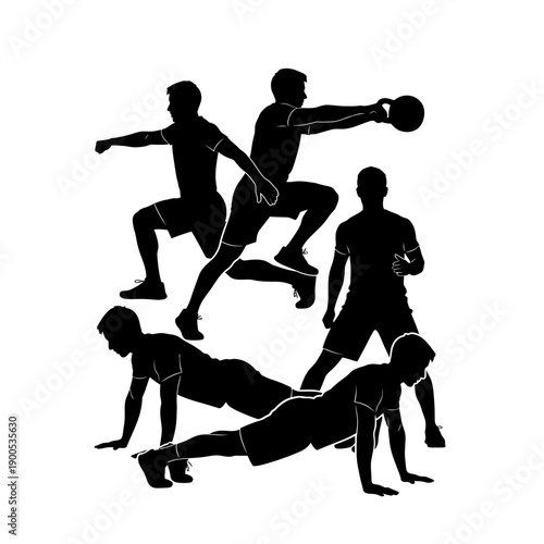 Dynamic fitness workout silhouettes illustrating various strength and conditioning exercises for active training