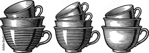 stacked ceramic teacups illustration vintage cup and handle design in black and white lines