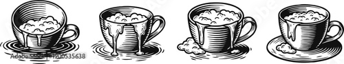hand drawn vintage coffee cups with frothy beverage and spills retro illustration set with artistic texture