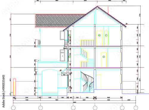 Vector sketch illustration of silhouette image of architectural design construction section view of modern luxury minimalist style house facade with scale size