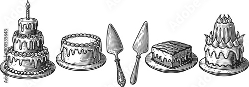 set of five hand drawn cakes with two cake servers, variety of dessert styles and layers, vintage illustration