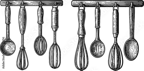 Vintage kitchen utensils hanging on rack wooden ladle, whisk, and spoons set hand drawn cooking tools illustration