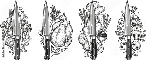 Chef knives with fresh ingredients set cooking utensils with vegetables, poultry, herbs, and spices