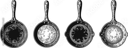 vintage cast iron skillets set four rustic frying pans with textured cooking surfaces and handles