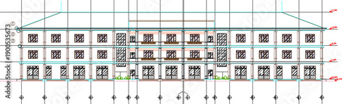 Vector sketch illustration of silhouette image of architectural engineering design view of facade of multi-storey school building with scale size 