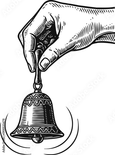 Hand ringing a decorative bell with motion lines, vintage engraving illustration