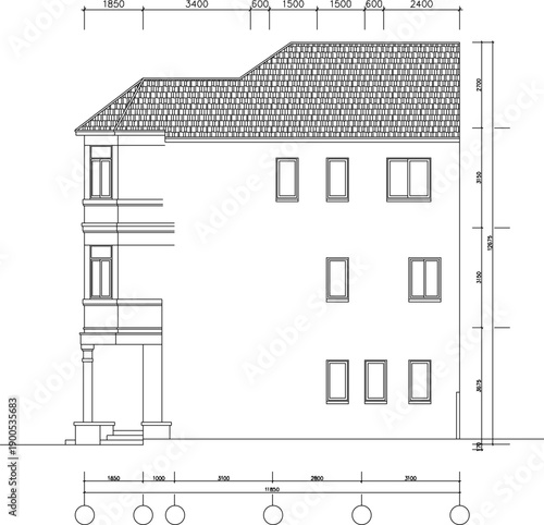 Vector sketch illustration of silhouette image of architectural design construction view of modern luxury house facade in minimalist style with scale size 