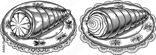 Hand drawn cream filled pastry cones on decorative plates vintage desserts sketch