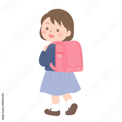 ランドセルを背負って振り向く新一年生の女の子のイラスト