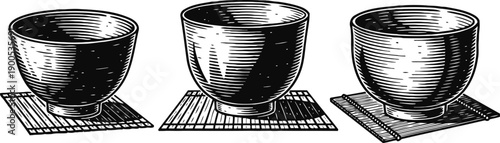 Three vintage wooden cups on rectangular mats, hand drawn rustic tableware illustration