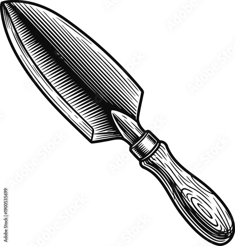 Garden trowel with wooden handle, hand tool for planting and digging in soil