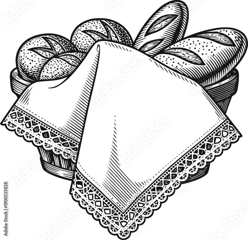 Basket of assorted bread with lace cloth cover fresh baked rolls and baguettes in a woven basket