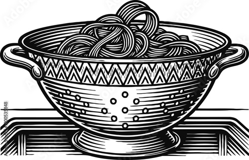 Vintage colander with cooked spaghetti noodles, classic kitchen utensil illustration