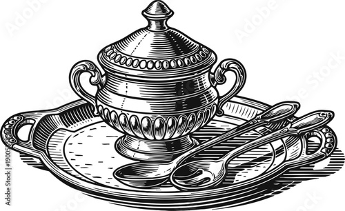 Vintage sugar bowl with lid and spoons on decorative serving tray illustration