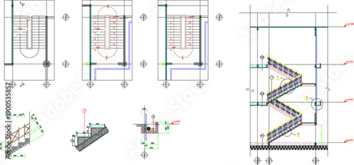 Vector sketch illustration of silhouette image of architectural engineering design section view of main staircase facade of multi-storey school building with scale size