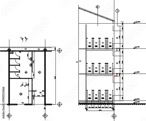 Vector sketch illustration of silhouette image of architectural engineering design section view of bathroom facade of multi-storey school building with scale size