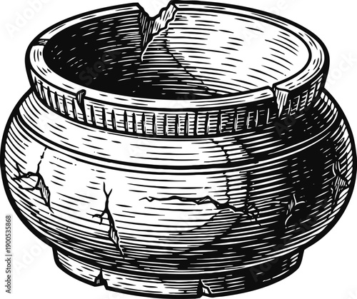 ancient cracked clay pot illustration vintage hand drawn broken ceramic container with texture
