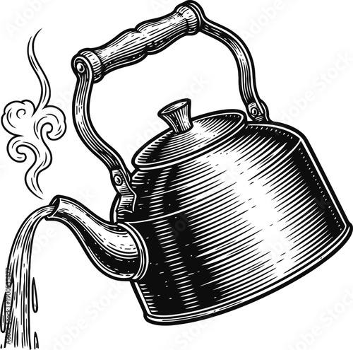 Vintage kettle pouring hot water with steam classic teapot illustration in engraving