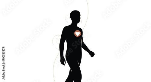 Silhouette of a person with a glowing heart symbol on their chest, walking forward with a sense of purpose and hope.