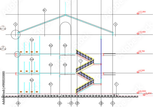 Vector sketch illustration of silhouette image of architectural engineering design section view of facade of multi-storey school building with scale size 