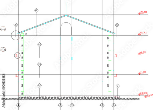 Vector sketch illustration of silhouette image of architectural engineering design section view of facade of multi-storey school building with scale size