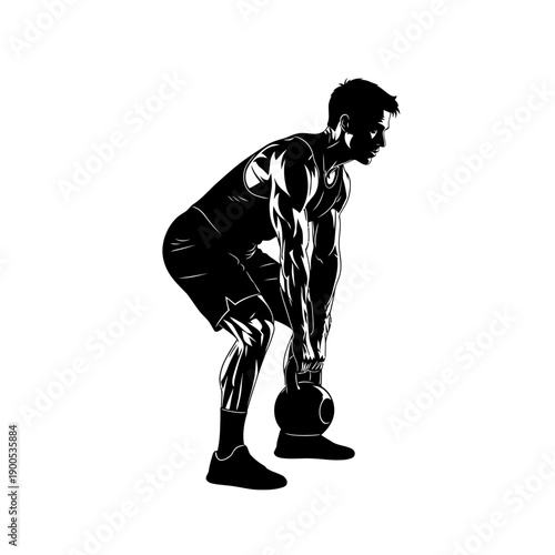 Dynamic black silhouette of a muscular man performing a kettlebell exercise, symbolizing strength, fitness, and intense gym workouts