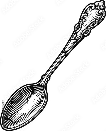 Vintage engraved ornate spoon with decorative handle, antique silverware drawing illustration