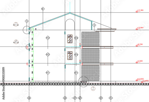 Vector sketch illustration of silhouette image of architectural engineering design section view of facade of multi-storey school building with scale size
